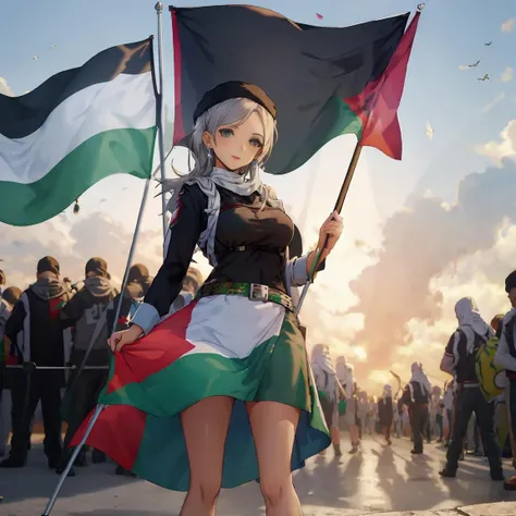 a woman holding Palestine_flag,<lora:PalestineFlag03-000008:1>,