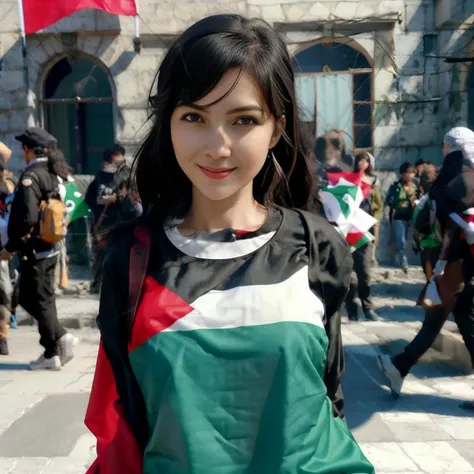 a woman holding Palestine flag,<lora:PalestineFlag03-000008:1>,