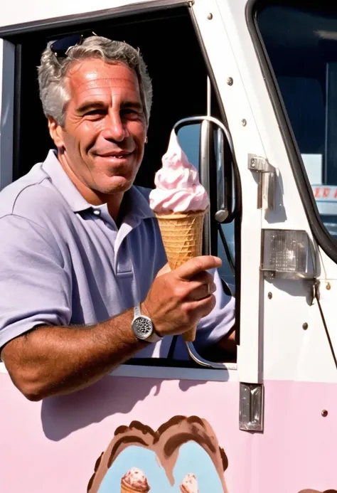 jeffrey epstein driving a ice cream truck, holding cones of ice cream, professional photoshoot, 12k ultra high detailed photo, skin texture, detailed face <lora:JEFFREY_EPSTEIN-000007:1>