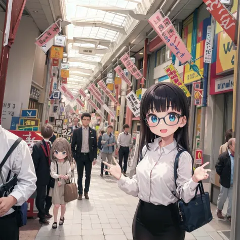 best quality, ultra-detailed, illustration,
tenjinbashisuji, street, scenery, outdoors, sign, 6+boys, real world location, multiple boys, city, crowd, people, vanishing point, building, road, bag,
(1girl:1.4), glasses, black hair, long hair, medium breasts, white shirt, blouse, black tight skirt, stockings, business bag, happy, upper body, looking at viewer,
<lora:tenjinbashisujil_SD15_V1:1>