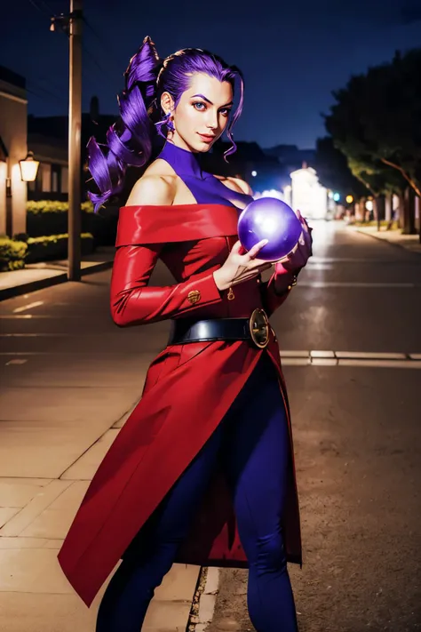 Roze, purple eyes,long purple hair, huge ahoge, hair slicked back,red coat, black pantyhose, belt, black turtleneck, bare shoulders, cleavage, heels, looking at viewer, smiling, happy, full body
outside, parking lot, night, holding a purple orb, energy spell, extreme detail, hdr, beautiful quality, <lora:Rose:.8>