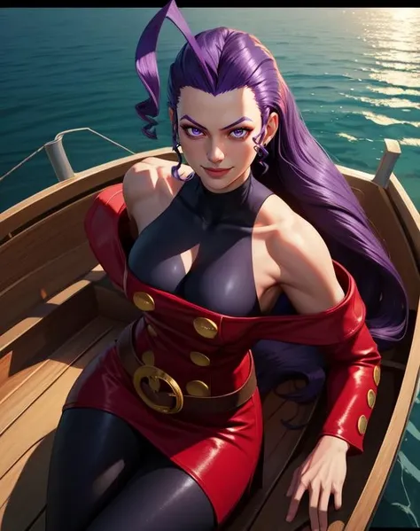 Roze,purple eyes,purple hair, ahoge , long hair,
black pantyhose,red coat,yellow buttons,belt, from above,  cleavage,  black turtleneck,  bare shoulders, 
italy,lake,small boat,
morning,smile,
(insanely detailed, beautiful detailed face,, masterpiece, best quality) cinematic lighting, <lora:Rose-10v5:0.7>