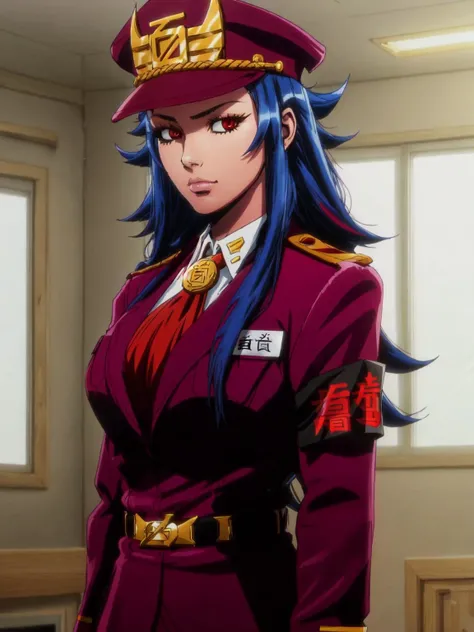 HyakushikiMomoko, 1girl, solo, looking at viewer, uniform, military uniform, long sleeves, hat, belt, jacket, indoors <lora:HyakushikiMomoko:0.6>