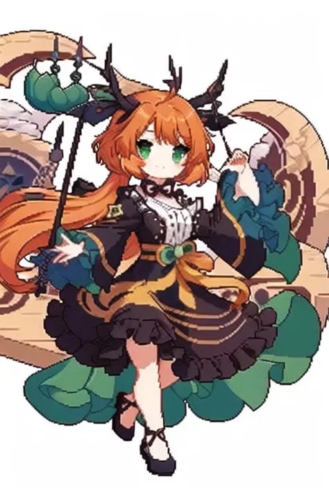 masterpiece,best quality,1girl,<lora:dongfang:1> ,solo, full body,green eyes, orange hair,