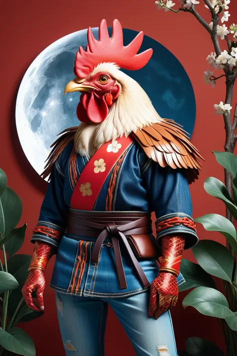 Art Nouveau art of hyper-realistic portrait photo by Viviane Sassen, cinematic lighting, rembrand light contrast, rim light,( Japanese moonlit pastoral:1.5), An ancient anthropomorphic enourmously chubby rooster samurai, ancient samurai armor, photography, beautiful, , colorful, masterpiece, beautiful and aesthetic <lora:ral-jeans-sdxl:0.75> ral-jeans, by Stefan Gesell, sleek, organic forms, long, sinuous, art nouveau style