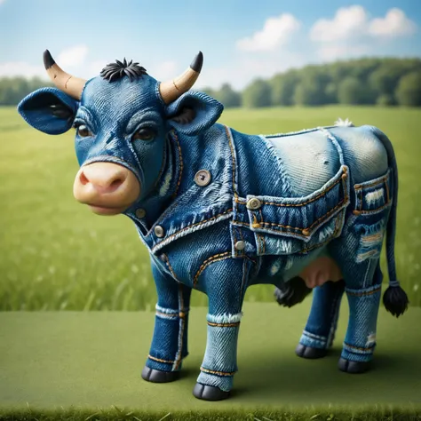 A realistic cow made out of ral-jeans <lora:ral-jeans-sdxl:1> in a green field