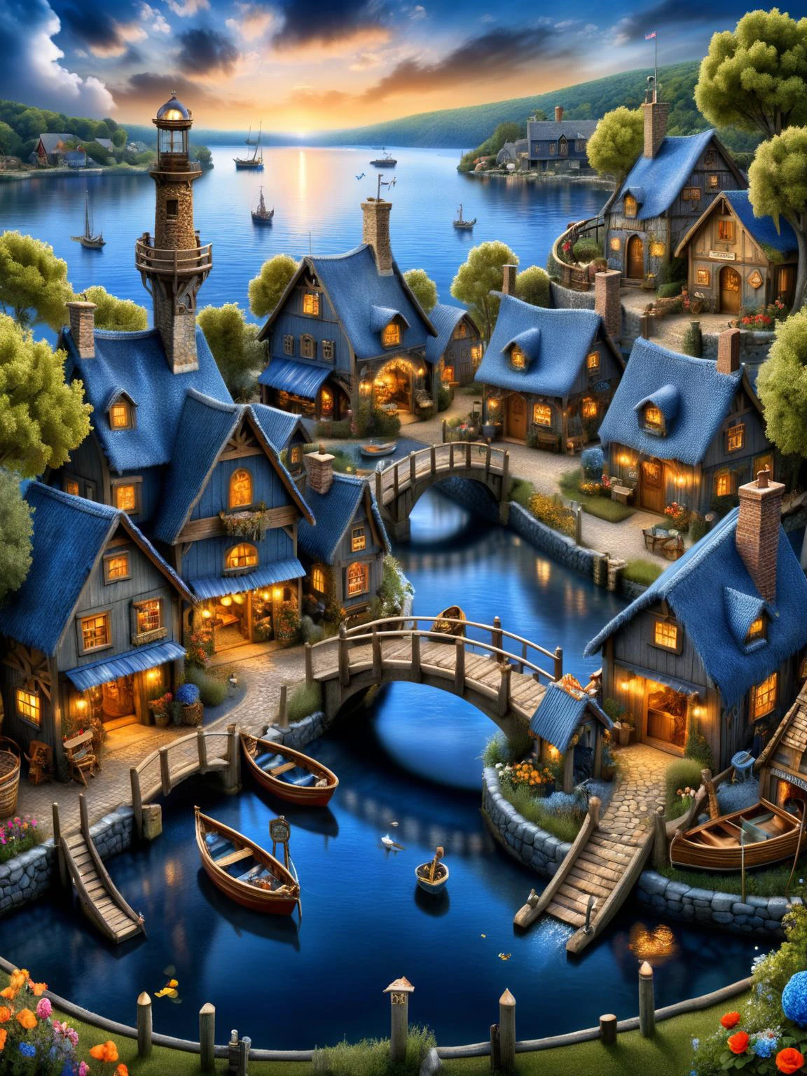 ral-jeans, A whimsical scene of a ral-jeans fairy village, with tiny habor, tiny fishing boats, a lighthouse, houses, ale house, boat yard bridges, and gardens all intricately detailed in ral-jeans textures, smoke from chimneys <lora:ral-jeans-sdxl:0.5>, dynamic, cinematic, masterpiece, intricate, hdr. <lora:EnvyBetterHiresFixXL01:0:hr=1>