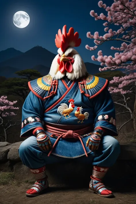 hyper-realistic portrait photo by Viviane Sassen, cinematic lighting, rembrand light contrast, rim light,( Japanese moonlit pastoral:1.5),  An ancient anthropomorphic enourmously chubby rooster samurai, ancient samurai armor, photography, beautiful,   , colorful, masterpiece, beautiful and aesthetic <lora:ral-jeans-sdxl:0.75> ral-jeans, by Stefan Gesell