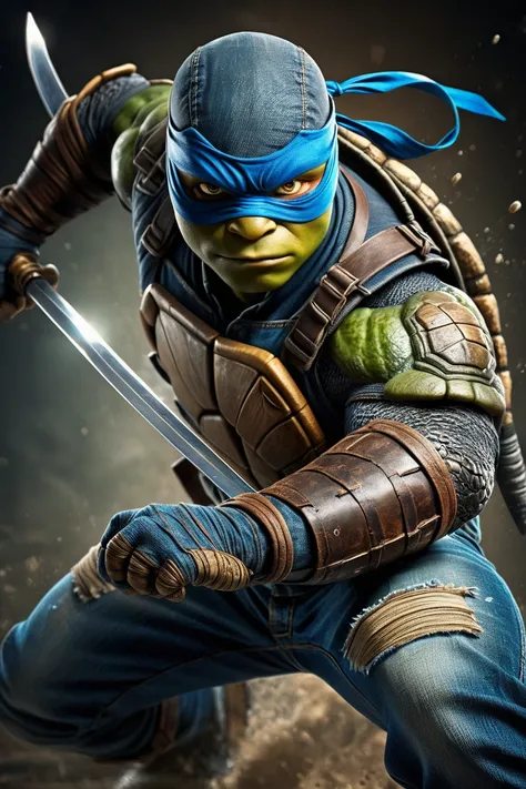 Doodle Art Style, dark hyper-realistic expressive portrait by Stefan Gesell, active random pose, extremely determined, heavy grim stare into the camera, expressive eyes, , of anthropomorphic (teenage mutant ninja turtle Leonardo) in (ral-jeans denim armor:1.5), ( soft volumetric cinematic lighting:1.2), dramatic Rembrandt contrast, colorful masterpiece, epic, hyperdetailed, cinematic, rim light, (muted colors:1.4)<lora:EnvyActionShotXL01:0.6> action shot<lora:ral-jeans-sdxl:0.4>, drawing, freeform, swirling patterns, doodle art style