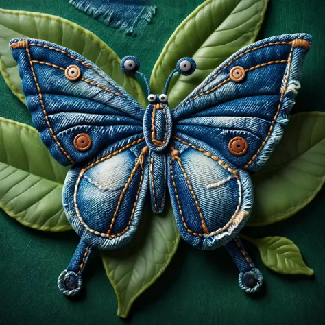 An intricate butterfly made out of ral-jeans <lora:ral-jeans-sdxl:1> on a green leaf