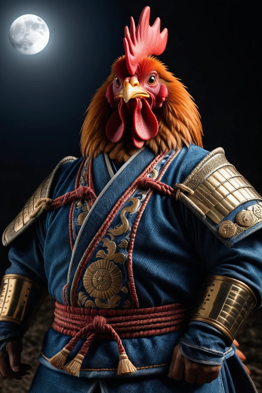 professional 3d model of hyper-realistic portrait photo by Viviane Sassen, cinematic lighting, rembrand light contrast, rim light,( Japanese moonlit pastoral:1.5), An ancient anthropomorphic enourmously chubby rooster samurai, ancient samurai armor, photography, beautiful, , colorful, masterpiece, beautiful and aesthetic <lora:ral-jeans-sdxl:0.75> ral-jeans, by Stefan Gesell, octane render, highly detailed, volumetric, dramatic lighting