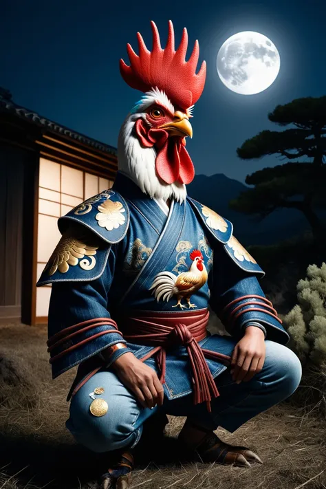 Film noir style, hyper-realistic portrait photo by Viviane Sassen, cinematic lighting, rembrand light contrast, rim light,( Japanese moonlit pastoral:1.5),  An ancient anthropomorphic enourmously chubby rooster samurai, ancient samurai armor, photography, beautiful,   , colorful, masterpiece, beautiful and aesthetic <lora:ral-jeans-sdxl:0.75> ral-jeans, by Stefan Gesell, Monochrome, high contrast, dramatic shadows, 1940s style, mysterious, cinematic