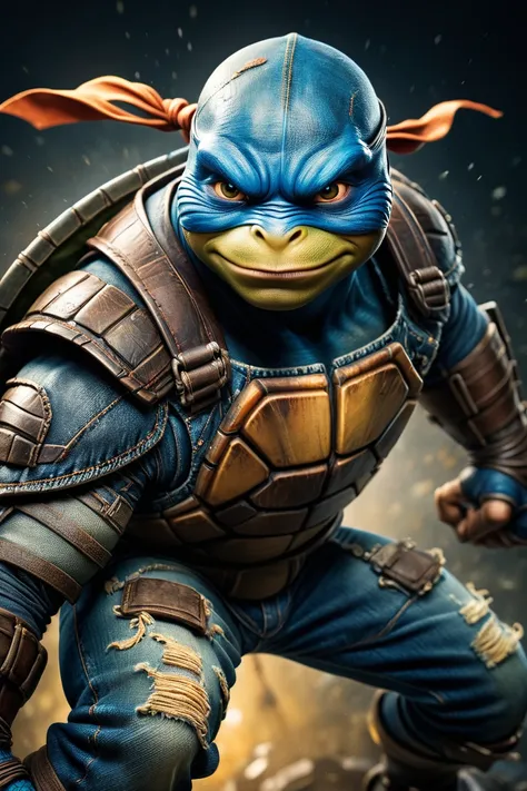 expressionist, dark hyper-realistic expressive portrait by Stefan Gesell, active random pose, extremely determined, heavy grim stare into the camera, expressive eyes, , of anthropomorphic (teenage mutant ninja turtle Leonardo) in (ral-jeans denim armor:1.5), ( soft volumetric cinematic lighting:1.2), dramatic Rembrandt contrast, colorful masterpiece, epic, hyperdetailed, cinematic, rim light, (muted colors:1.4), <lora:EnvyActionShotXL01:0.5> action shot<lora:ral-jeans-sdxl:0.4>, raw, emotional, dynamic, distortion for emotional effect, vibrant, use of unusual colors, detailed
