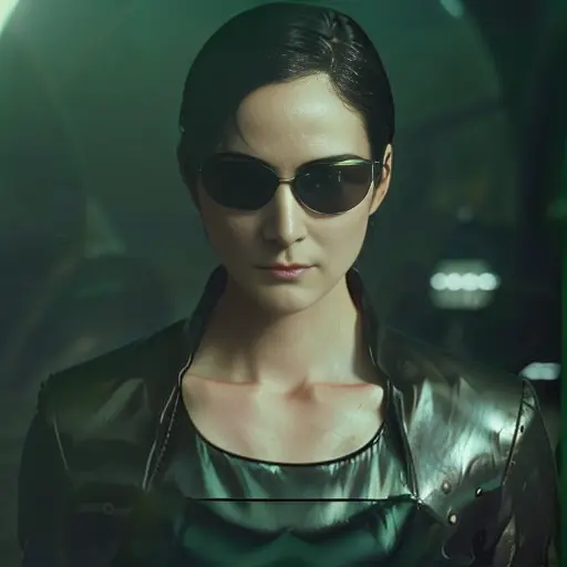 trinity00 wearing sunglasses , retrofuturism, steampunk, silky skin, full body height, skin texture, high detailed skin, ambient smoke, haze, photorealism, cinematic, grain of old film, 8k uhd, dslr, hdr, retro color <lora:trinity00:1>