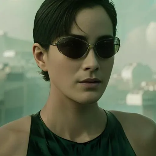 trinity00 wearing sunglasses , retrofuturism, cyberpunk, silky skin, full body height, skin texture, high detailed skin, ambient smoke, haze, photorealism, cinematic, grain of old film, 8k uhd, dslr, hdr, retro color <lora:trinity00:1>