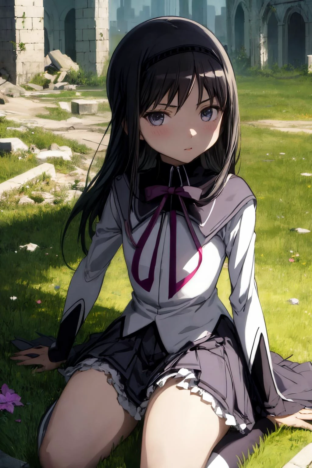 (masterpiece), best quality, (((ultra detailed, 8k quality))), expressive eyes, perfect face, perfect anatomy, perfect body, scene, <lora:scene_:0.7>, <lora:more_details:0.7>, <lora:beautiful_detailed_eyes:0.5>, <lora:homura-madomagi-01:0.8>, solo, 1girl, looking at viewer, sketch, flat colors, 2D, anime, anime coloring, homura akemi, magical girl, wariza, grass, ruins,