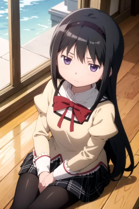 1girl, solo, masterpiece, best quality,
        <lora:homura-madomagi-01:0.8>,
        mitakihara school uniform, mahou shoujo madoka magica, akemi homura, homura akemi, purple eyes, tsurime, black hair, long hair, straight hair, hairband, black hairband, school uniform, puffy sleeves, juliet sleeves, bowtie, red bowtie, yellow sweater, collared shirt, white shirt, small breasts, skirt, black skirt, plaid skirt, miniskirt, pantyhose, black pantyhose, loafers,
        wariza, sitting, hands on lap, from above, looking up, looking at viewer,
        blush, nose blush, embarrassed,
        indoors, wooden floor