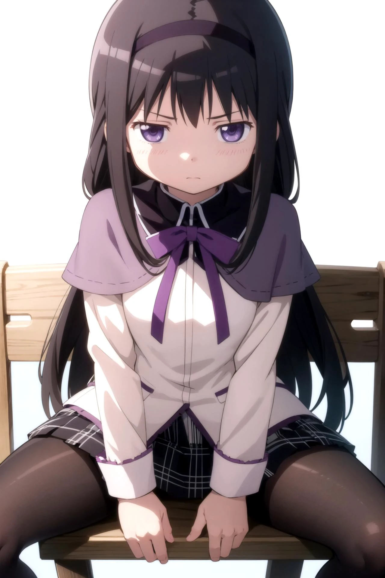 1girl, solo, masterpiece, best quality,
<lora:homura-madomagi-01:0.8>,
purple ribbon, mahou shoujo madoka magica, akemi homura, homura akemi, purple eyes, tsurime, black hair, long hair, straight hair, hairband, black hairband, magical girl, shirt, white shirt, long sleeves, capelet, purple capelet, neck ribbon, small breasts, skirt, purple skirt, miniskirt, pleated skirt, frilled skirt,
sitting, spread legs, looking at viewer,
panties under pantyhose, underwear, panties, crotch seam, upskirt,
blush, nose blush, scowl,
simple background, white background