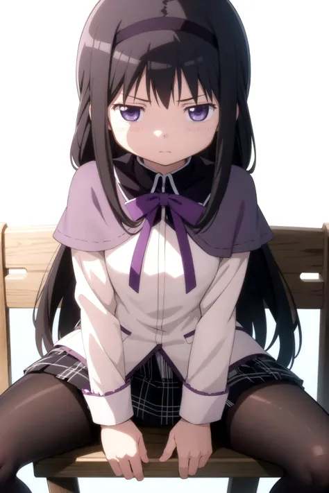 1girl, solo, masterpiece, best quality,
        <lora:homura-madomagi-01:0.8>,
        purple ribbon, mahou shoujo madoka magica, akemi homura, homura akemi, purple eyes, tsurime, black hair, long hair, straight hair, hairband, black hairband, magical girl, shirt, white shirt, long sleeves, capelet, purple capelet, neck ribbon, small breasts, skirt, purple skirt, miniskirt, pleated skirt, frilled skirt,
        sitting, spread legs, looking at viewer,
        panties under pantyhose, underwear, panties, crotch seam, upskirt,
        blush, nose blush, scowl,
        simple background, white background