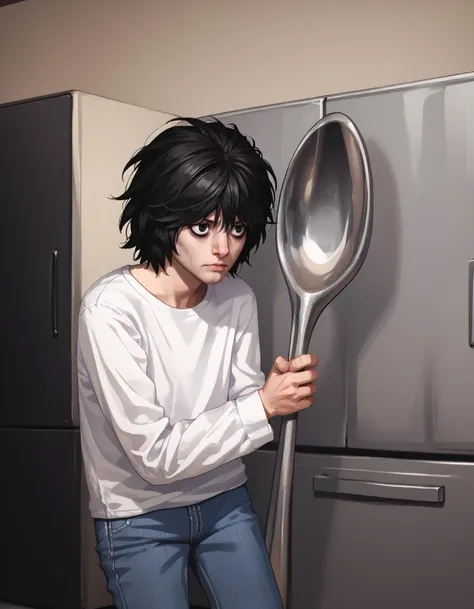 score_9, score_8_up, score_7_up, score_6_up BREAK L, black hair, short hair, messy hair, black eyes, bags under eyes, white shirt, jeans, long sleeves, ComicallyLargeSpoon, dim composition, office, cowboy shot <lora:L lawliet:1> <lora:ComicallyLargeSpoon_XLPD:1>