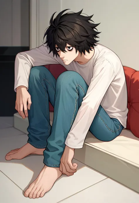 score_9, score_8_up, score_7_up, 1boy, L, black hair, short hair, messy hair, black eyes, bags under eyes, white shirt, long sleeves,  jeans, sitting, barefoot,  <lora:L lawliet-000008:1>