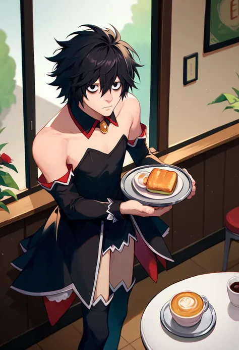 score_9, score_8_up, score_7_up, 1boy, L, black hair, short hair, messy hair, black eyes, bags under eyes, AM, detached collar, detached sleeves, black dress, black thighhighs, cafe, holding tray, looking at viewer,     <lora:L lawliet-000008:1> <lora:Angel Mort 2:1>