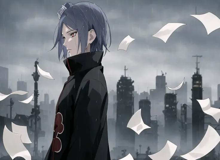 ((masterpiece)), ((best quality)),konan \(naruto\)1girl, labret piercing, paper, rain, solo, (paper jutsu), paper, ((akatsuki outfit)), <lora:Konan_V2:0.65>,dark sky, dark city,from side,dynamic pose, full body,