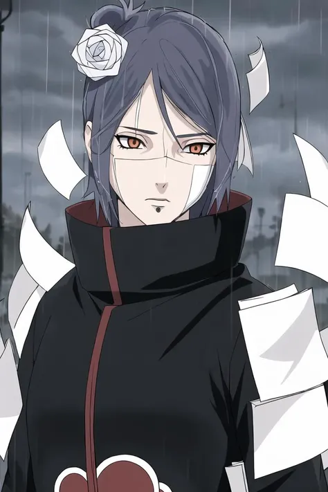 konan \(naruto\)1girl, labret piercing, paper, rain, solo, upper_body, paper jutsu, paper, akatsuki outfit, upper body,<lora:Konan_V2:0.6>