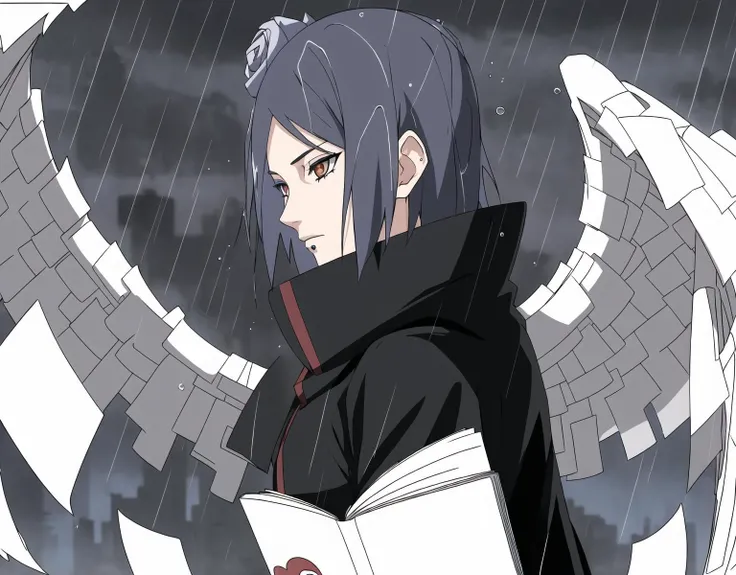 ((masterpiece)), ((best quality)),konan \(naruto\)1girl, labret piercing, paper, rain, solo, paper jutsu, paper, akatsuki outfit, <lora:Konan_V2:0.6>,dark sky, paper wings,black robe, dark city,from side,