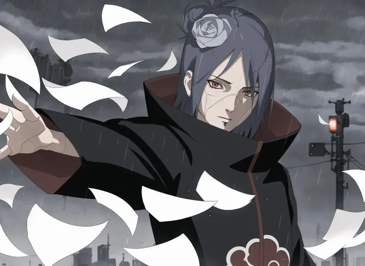 ((masterpiece)), ((best quality)),konan \(naruto\)1girl, labret piercing, paper, rain, solo, (paper jutsu), paper, ((akatsuki outfit)), <lora:Konan_V2:0.65>,dark sky, dark city,dutch angle,dynamic pose,