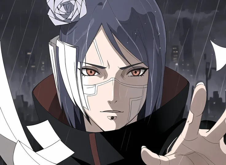 ((masterpiece)), ((best quality)),konan \(naruto\)1girl, labret piercing, paper, rain, solo, (paper jutsu), paper, ((akatsuki outfit)), <lora:Konan_V2:0.65>,dark sky, dark city,close up,dynamic pose,