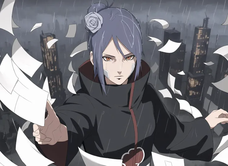 ((masterpiece)), ((best quality)),konan \(naruto\)1girl, labret piercing, paper, rain, solo,  (paper jutsu), paper, ((akatsuki outfit)), <lora:Konan_V2:0.65>,dark sky, dark city,from above,dynamic pose,