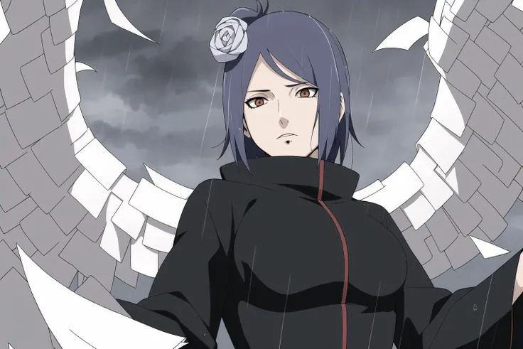 ((masterpiece)), ((best quality)),konan \(naruto\)1girl, labret piercing, paper, rain, solo, paper jutsu, paper, akatsuki outfit, <lora:Konan_V2:0.6>,from below,dark sky, breast focus,paper wings,black robe, upper body,