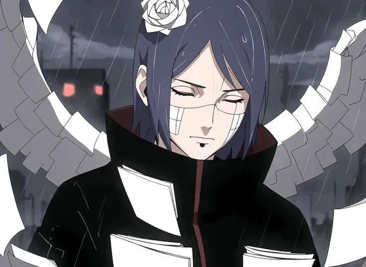 ((masterpiece)), ((best quality)),konan \(naruto\)1girl, labret piercing, paper, rain, solo, (paper jutsu), paper, ((akatsuki outfit)), <lora:Konan_V2:0.65>,dark sky, dark city,fdynamic pose, full body,paper wings,closed eyes,close up
