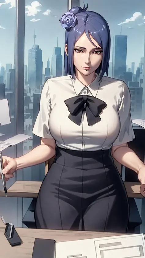 (masterpiece, perfect, masterpiece, best quality, ultra-detailed, illustration, photorealism, rich draw, 8k, 4k,extremely detailed, volumetric lighting, realistic, realistic lighting, 8k, cinematic lighting, depth of field, hyper-detailed, photorealistic, ultra realistic, realistic light, hard lighting, intricate details, clear, colorful), konan \(naruto\), solo, looking_at_viewer, 1girl, closed_mouth, labret piercing, ((office clothes)), formal clothes, sitting on a desk chair, doing paperwork, office, computer, pen, paper, messy desk,overwhelmed, window, skyscrapper view, city view, bright day, sun, clouds, <lora:Naruto_Konan:0.7>