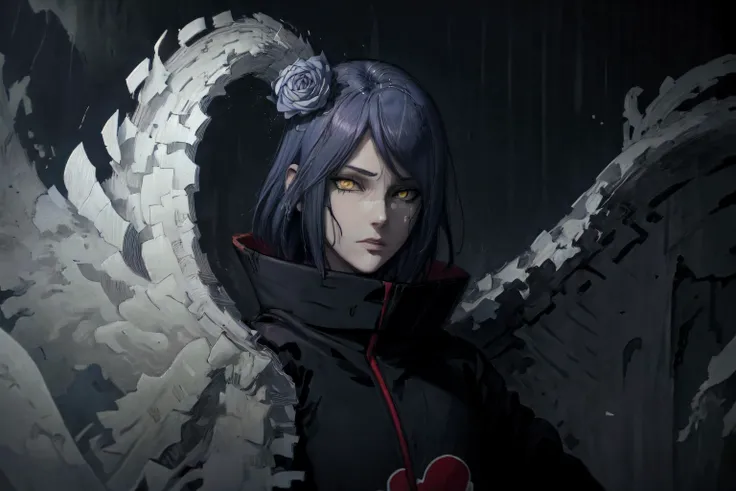 <lyco:tonedandtallmodels_v10:1.0>,1girl,((masterpiece)),best quality, ultra-detailed, illustration,konan \(naruto\), solo, looking_at_viewer, closed_mouth, paper wings, akatsuki outfit, paper jutsu, labret piercing, <lora:Konan_V2:0.7>, <lora:detaliedeyes:0.3>,<lora:hairdetailer:0.5>,<lora:more_details:0.5>,yellow eyes,purple hair,rain
