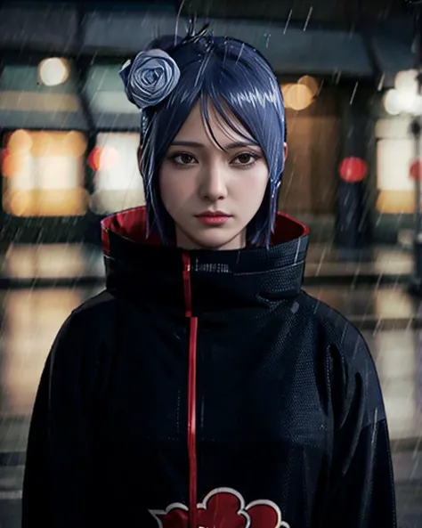 1girl,solo,konan \(naruto\),(upper body:1.2),akatsuki outfit,narrow waist,looking at viewer,masterpiece,best quality,absurdres,highly detailed,photo realistic,best shadow,dramatic lighting,depth of field,outdoors,rain,village,night,<lora:Konan_V2:0.8>,<lora:japanese_doll_likeness_v15:0.6>,