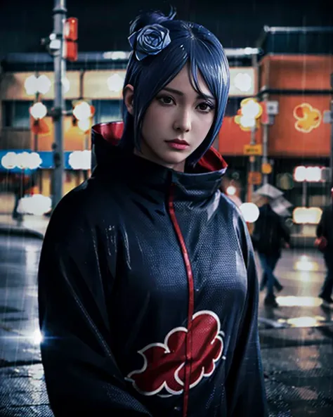 1girl,solo,konan \(naruto\),(upper body:1.2),akatsuki outfit,narrow waist,looking at viewer,masterpiece,best quality,absurdres,highly detailed,photo realistic,best shadow,dramatic lighting,depth of field,outdoors,rain,city,night,<lora:Konan_V2:0.8>,<lora:japanese_doll_likeness_v15:0.6>,
