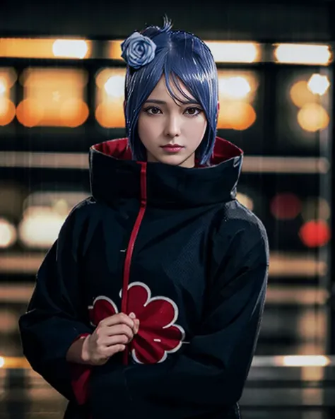 1girl,solo,konan \(naruto\),(upper body:1.2),akatsuki outfit,narrow waist,looking at viewer,masterpiece,best quality,absurdres,highly detailed,photo realistic,best shadow,dramatic lighting,depth of field,outdoors,rain,city,night,<lora:Konan_V2:0.8>,<lora:japanese_doll_likeness_v15:0.6>,