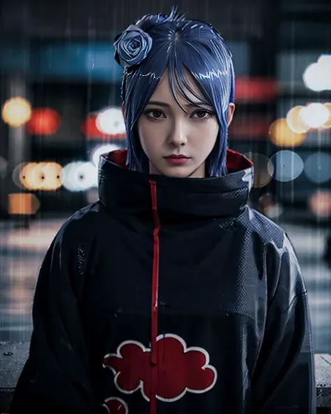(8k, RAW photo), (best quality), (masterpiece), (realistic,) (photo-realistic),(highres), ultra-detailed, (realism:1.1),beautiful face,
(1girl:1.1),woman,(looking at viewer),cowboy shot,japanese,
konan \(naruto\), (akatsuki outfit:1.1), labret piercing,
dark blue hair, huge tits, abs seen
professional lighting, photon mapping, physically-based rendering,
dark theme,