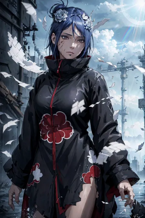 absurdres, (best quality), (masterpiece),(ultra-detailed:1.2),(photorealistic:1.1),(highres),
1girl,(injury:1.1),(blood:1.1),
<lora:Konan_V2:0.65> konan \(naruto\), (akatsuki outfit:1.1), labret piercing, (paper:1.2),
ripples,swirling ,rainbow,
<lora:anime_minimalist_v1-000020:-0.2>,
<lora:flat2:-0.5>,