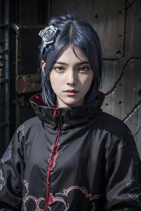 (8k, RAW photo), (best quality), (masterpiece), (realistic,) (photo-realistic),(highres), ultra-detailed, (realism:1.1),beautiful face,
(1girl:1.1),woman,(looking at viewer),cowboy shot,japanese,
<lora:Konan_V2:0.7> konan \(naruto\), (akatsuki outfit:1.1), labret piercing,
dark blue hair,
professional lighting, photon mapping, physically-based rendering,
<lora:LowRa:0.3>, dark theme,