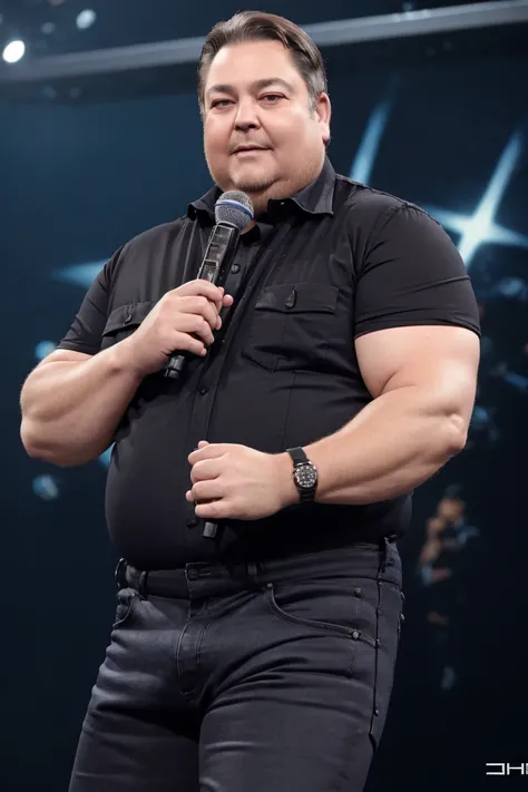 best quality, masterpiece, (photorealistic:1.4), 1 man, fat, back audience, wearing a black denim suit, old, holding a microphone, showing biceps, <lora:Faustao-01:1>