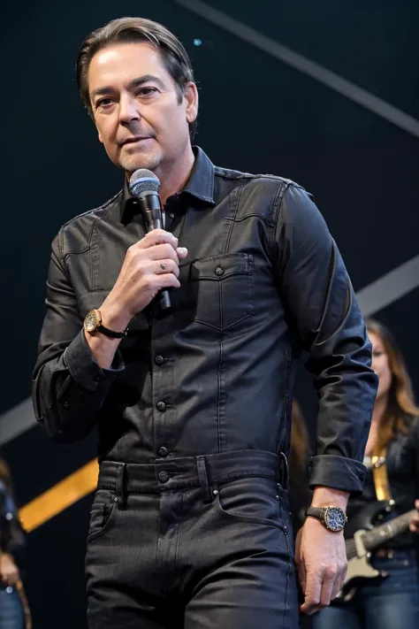best quality, masterpiece, (photorealistic:1.4), 1 man, back audience, wearing a black denim suit, old, holding a microphone, wearing a giant gold watch, <lora:Faustao-01:1>