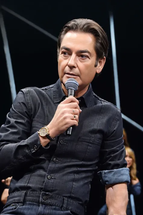 best quality, masterpiece, (photorealistic:1.4), 1 man, back audience, wearing a black denim suit, old, holding a microphone, wearing a giant gold watch, <lora:Faustao-01:1>