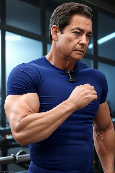 best quality, masterpiece, (photorealistic:1.4), 1 man, stronger, wearing a blue shirt, old, showing biceps <lora:Faustao-01:1>