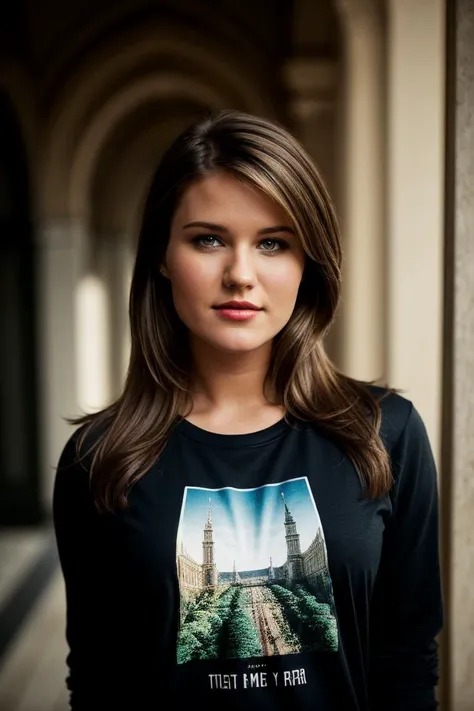 photo of fit (Ad4r4Sc0tt-135:0.99), a beautiful woman, perfect hair, (modern photo), wearing a (power suit:1.3) with a (crew neck funny t-shirt:1.2) under it with jewelry, portrait, 85mm, (analog, cinematic, film grain:1.3), (Alien Embassy, Diplomatic hub with ornate architecture, unique alien artifacts, and diverse species.), detailed eyes, professional pose, painted lips, (epiCPhoto), (looking at viewer:1.1), jewelry, (cinematic shot:1.3), (natural lighting, lit from above), <lora:add_detail:0.5>