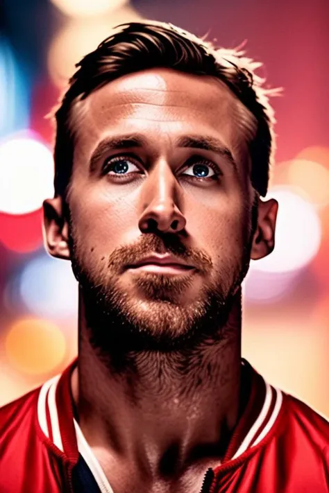 ryan gosling a man <lora:ryan-gosling:1>, realistic photo in a worn ((red tracksuit, massive hairy pecs)), big pecs, big arms,((light bokeh)), intricate, (steel metal [rust]), elegant, exuding sexual energy, homoerotic, sharp focus, photo by greg rutkowski, soft lighting, vibrant colors, (masterpiece), ((streets)), (detailed face), looking at viewer, light smile, night, walking towards viewer, cinematic lighting, beautiful lighting, cinematic lighting, (hazy filter, film grain:1.2)