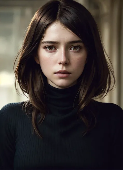 Best quality, masterpiece, ultra high res, (photorealistic:1.5), raw photo, 1 mature girl, black turtleneck, in the dark, deep shadow, low key, cold light, sexy look, black bob hair with bangs (((black hair))), green eyes, sharp eyes, eyeshadow