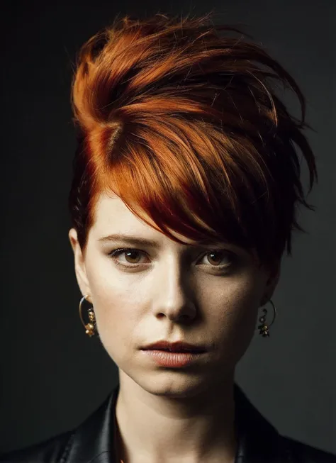 portrait of sks woman by Flora Borsi, style by Flora Borsi, bold, bright colours, orange Mohawk haircut, ((Flora Borsi)), <lora:locon_jessiebuckley_v1_from_v1_64_32:1>